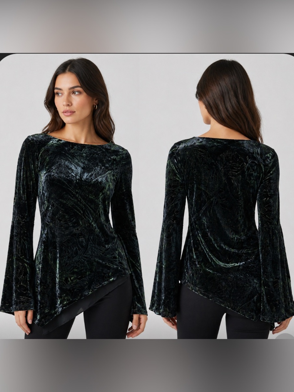 Vintage Papell Boutique Dark Green Velvet Burnout Asymmetrical Tunic